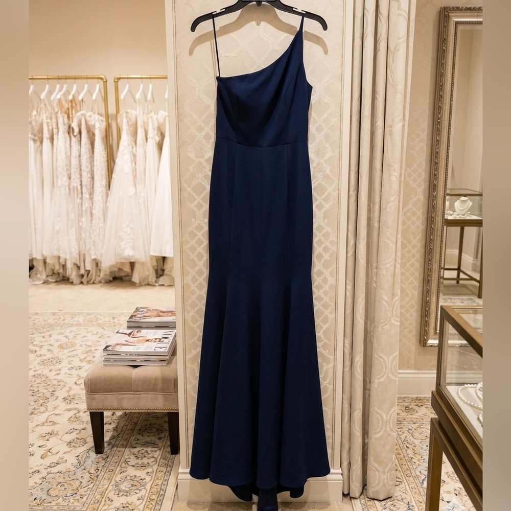 Amsale Kaia one-shoulder satin gown in navy